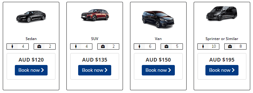 Sydney City Chauffeur Service Cost:4 seater Sedan AUD 120$, 6 seater SUV AUD 135$, 6 seater Van AUD 150$, 10 seater Sprinter AUD 195$.