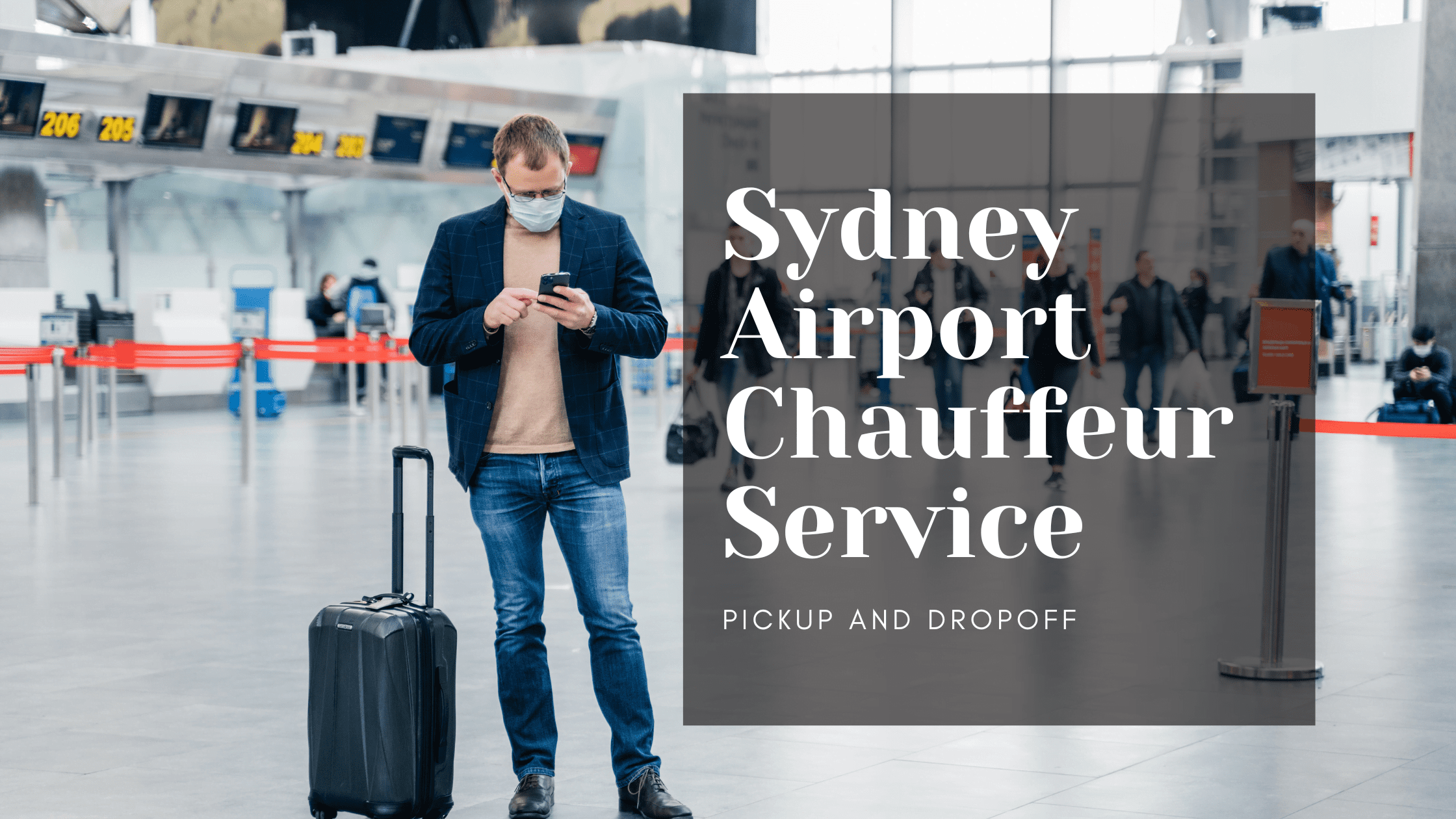 Man standing in crowded airport, uses phone to check checking Sydney Airport Chauffeur Service Online